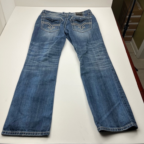 Rock Revival Helmut Straight Mens Size 33 Blue Denim Jean‎ Brushed Stripes Biker - Picture 16 of 16